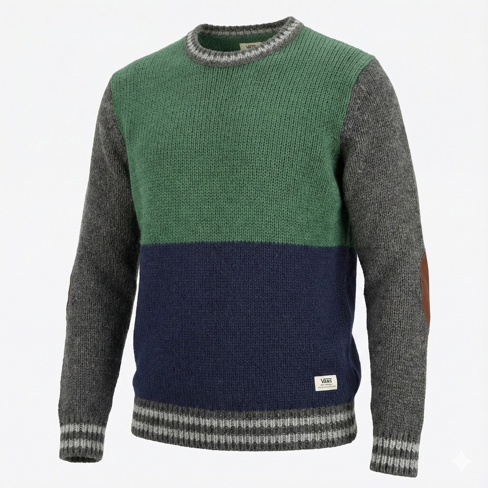 Vans Sweater Mens‎ Medium M Colorblock Green Navy Chunky Elbow Pads Retro Y2K